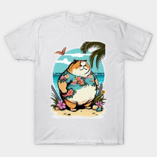 Fat Cat in Beach T-Shirt
